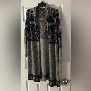 long sweater 41 inches long grey with black & blue design. Size Large